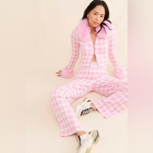 Show Me Your MuMu Pants - Show Me Your MuMu Pink Houndstooth Wide Leg Pants